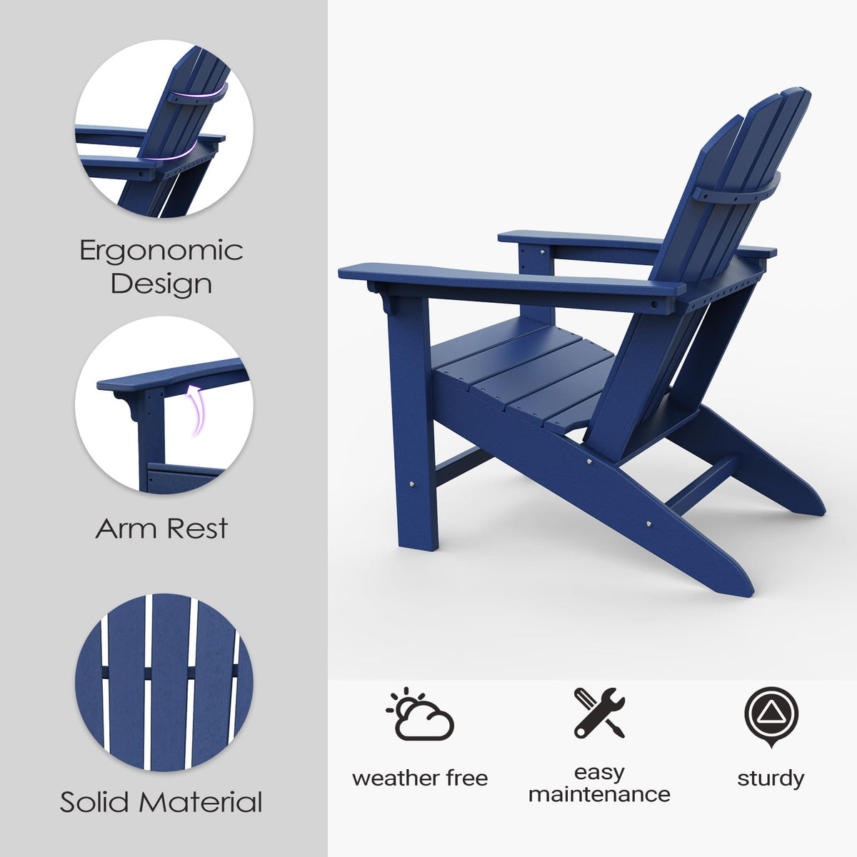 HDPE All-Weather Adirondack Chair 380 lbs Capacity Dark Blue I399