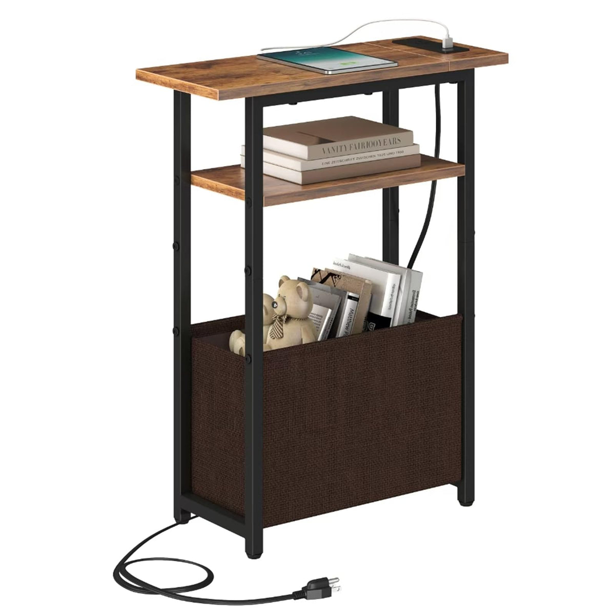 Narrow Side Table with Charging Station, 3 Tier End Table with Storage Basket N607