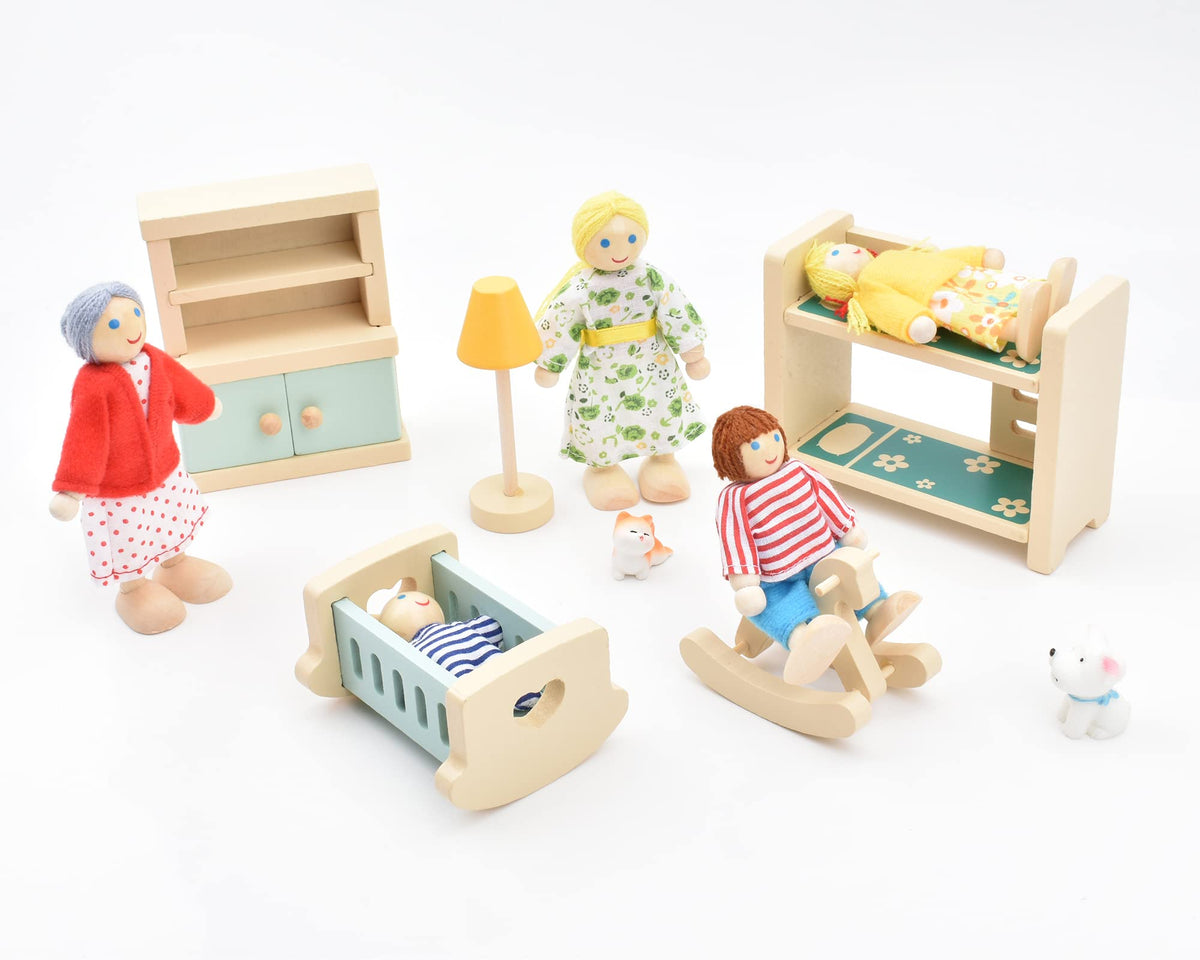 Wooden Dollhouse Dolls Family Set of 8 Miniature Figures and 2 Pets X98691