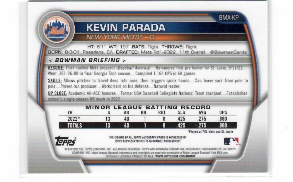 2023 Bowman Chrome Mega Box Mojo Autographed Refractor Blue #BMA-KP Kevin Parada Autographed /150 New York Mets Baseball NM-MT C97274