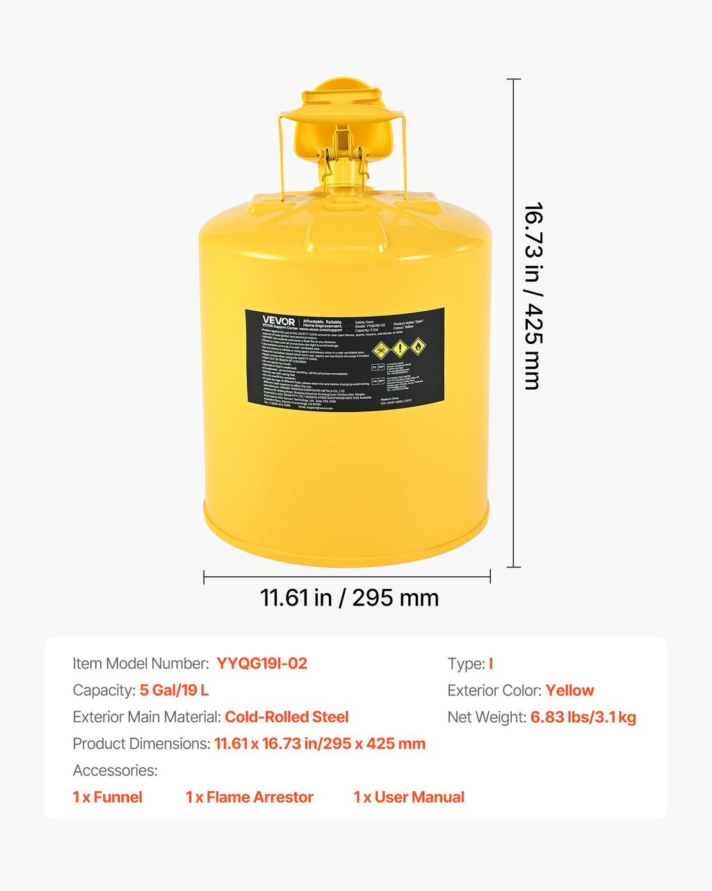 5 Gallon Type I Yellow Metal Container with Flame Arrester Q2786