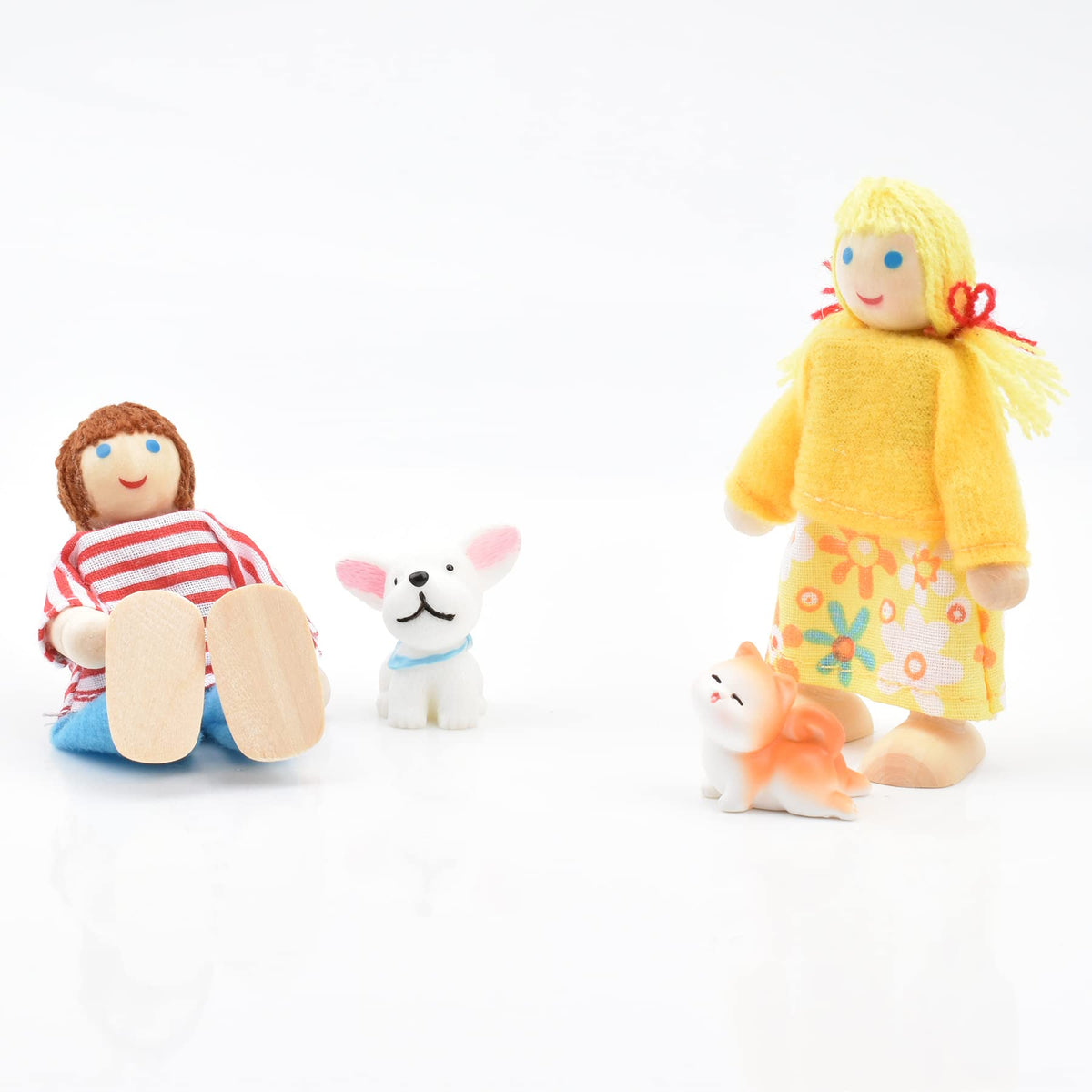Wooden Dollhouse Dolls Family Set of 8 Miniature Figures and 2 Pets X98691