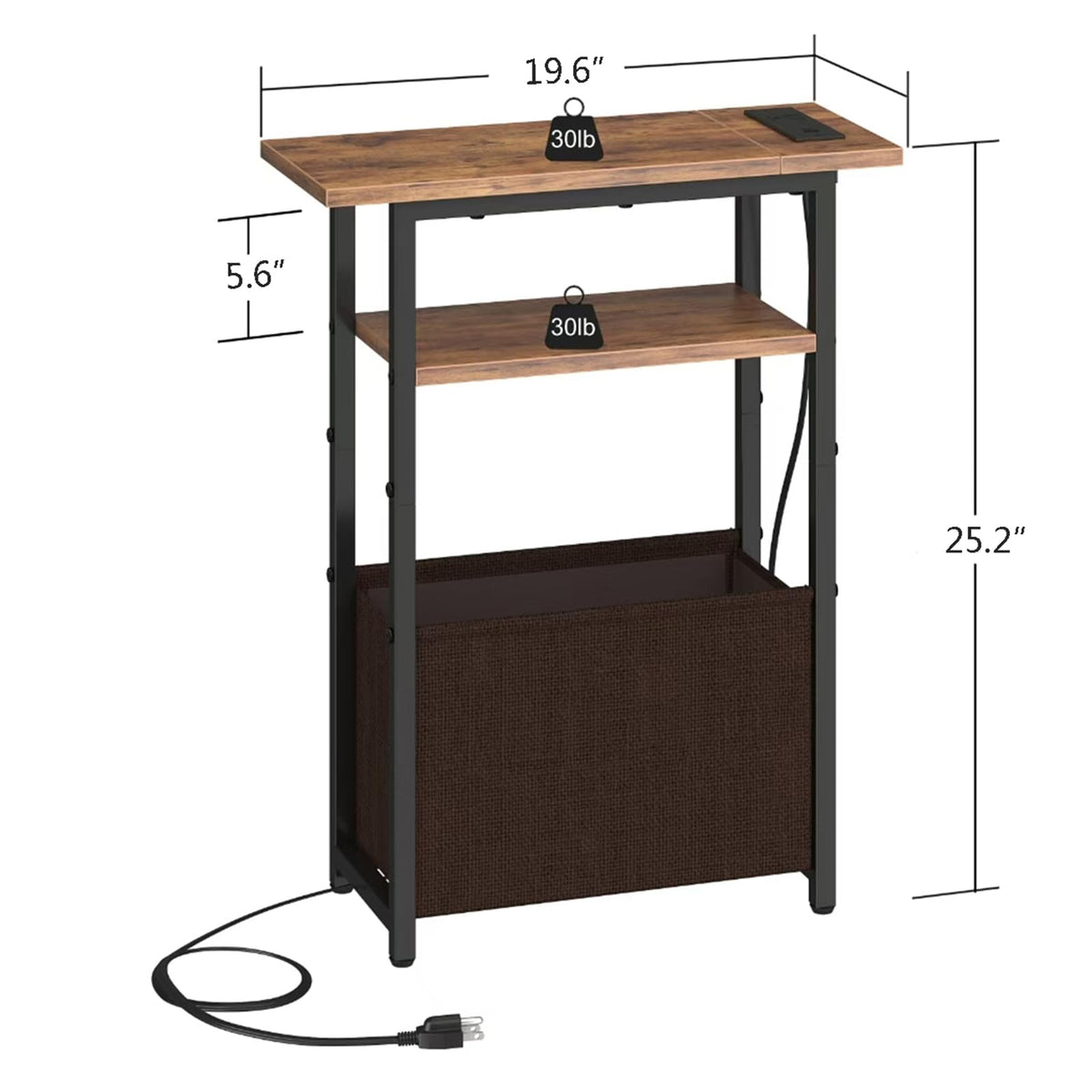 Narrow Side Table with Charging Station, 3 Tier End Table with Storage Basket N607