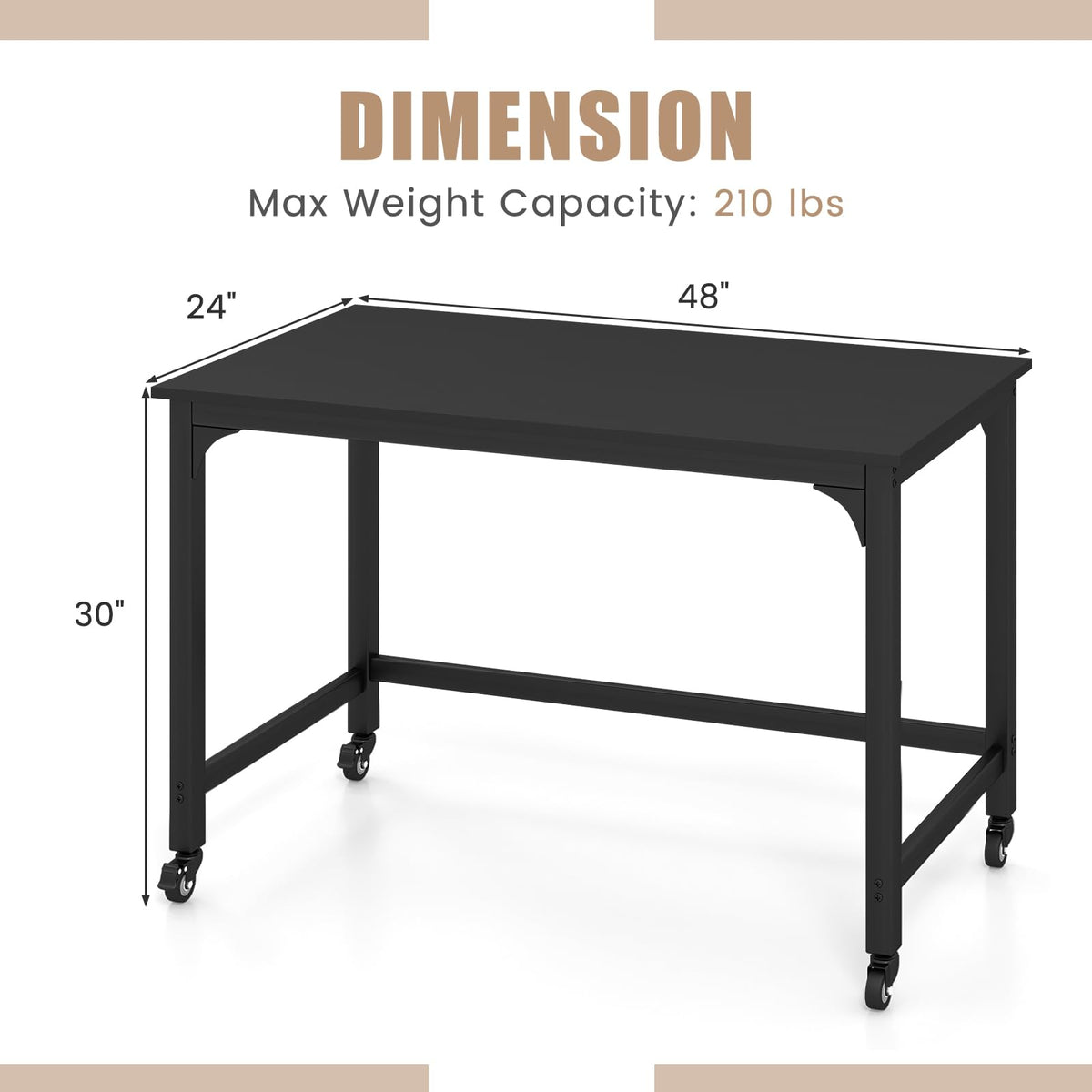 48” Mobile Computer Desk with 4 Lockable Wheels, Black Metal Frame F7912