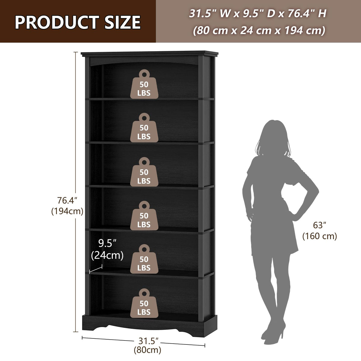 6-Tier 76 Inch Tall Black Wooden Bookshelf V881253