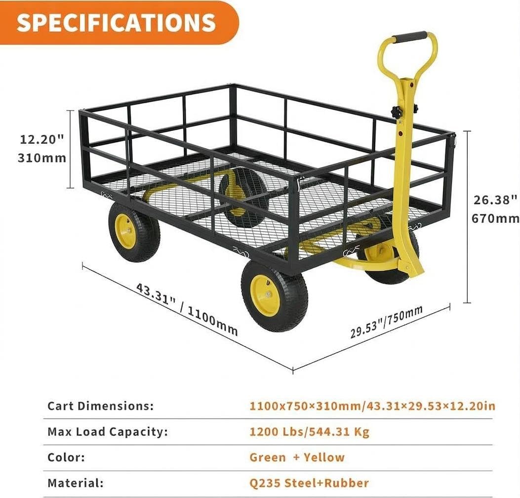 Heavy Duty Steel Garden Cart, 1200 LBS Load Capacity Wagon with 10 inch Tire and Rotating Handle, Black W35068