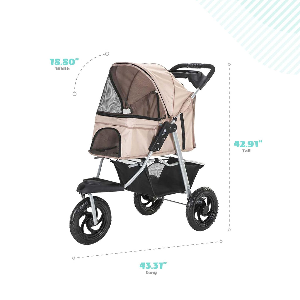 3-Wheel Dog Stroller with Storage Basket and Cup Holders, Tan D6409