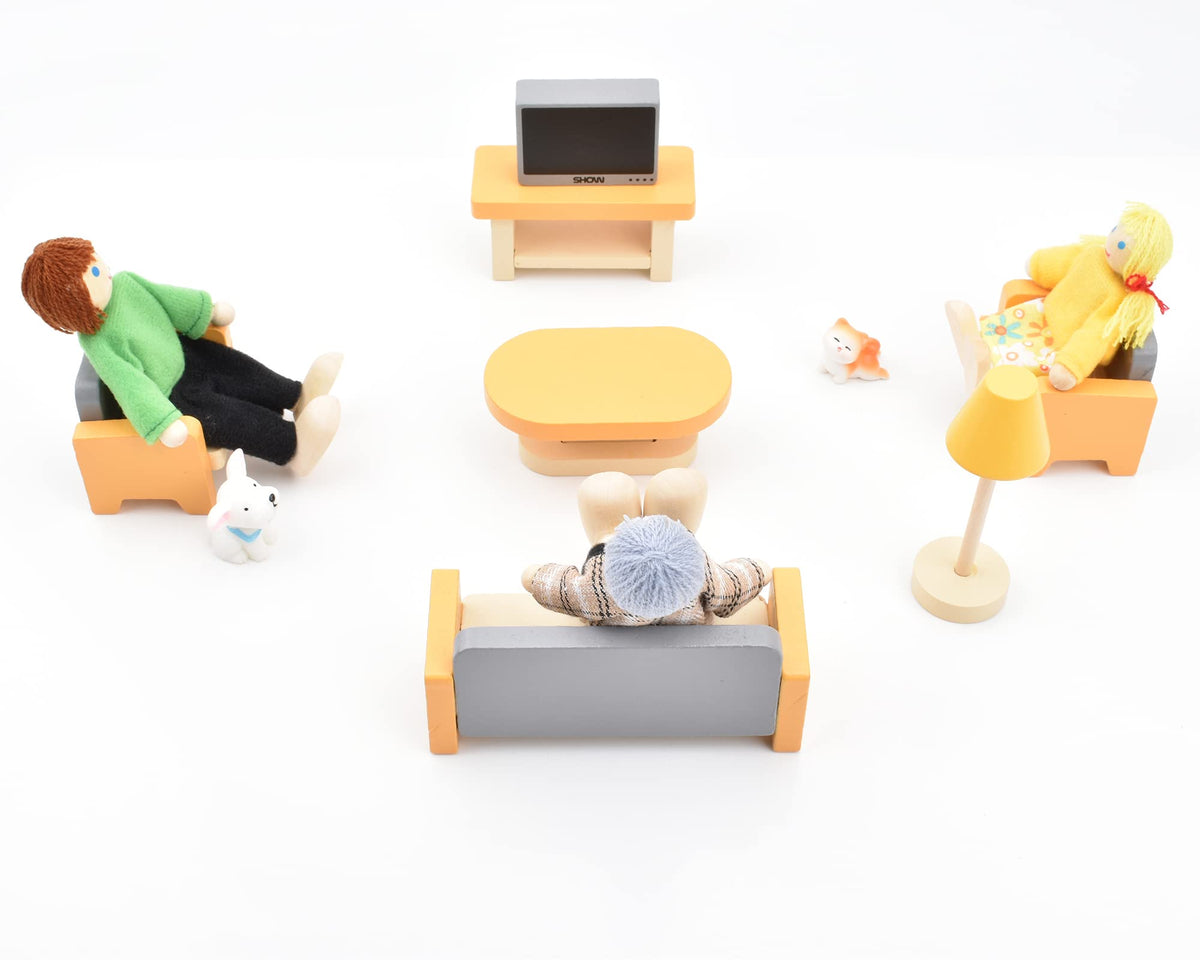 Wooden Dollhouse Dolls Family Set of 8 Miniature Figures and 2 Pets X98691