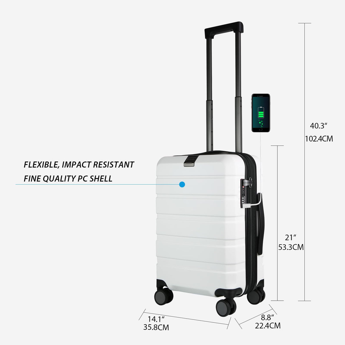 Hardside Expandable Carry On Luggage with Spinner Wheels, TSA Lock, USB Port, 20-Inch, White H48738