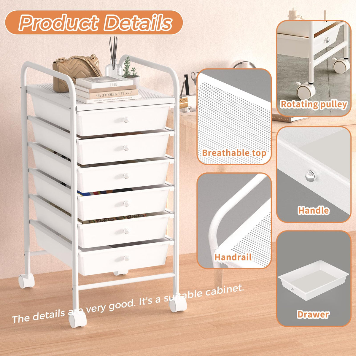 White 6 Tier Rolling Storage Cart with 6 Drawers S51844