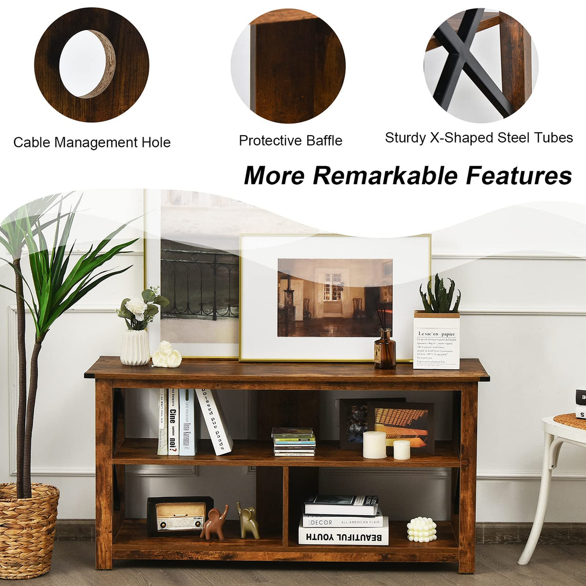 Brown 3 Tier Wood TV Stand with Open Shelves H327