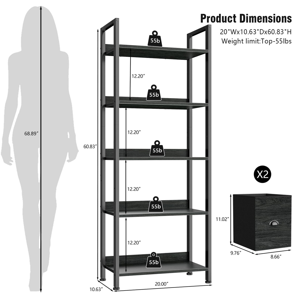 5-Tier Black Oak Bookshelf with 2 Storage Drawers T9305