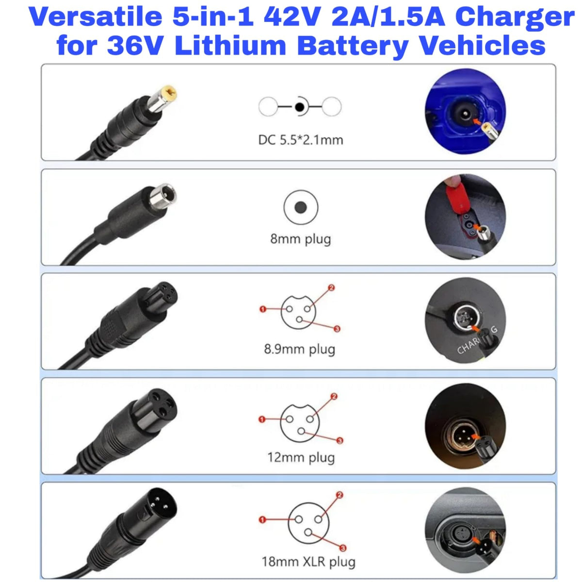 42V 2A/1.5A Universal 5 Plugs Fast Electric Charger for 36V Lithium Battery L48480