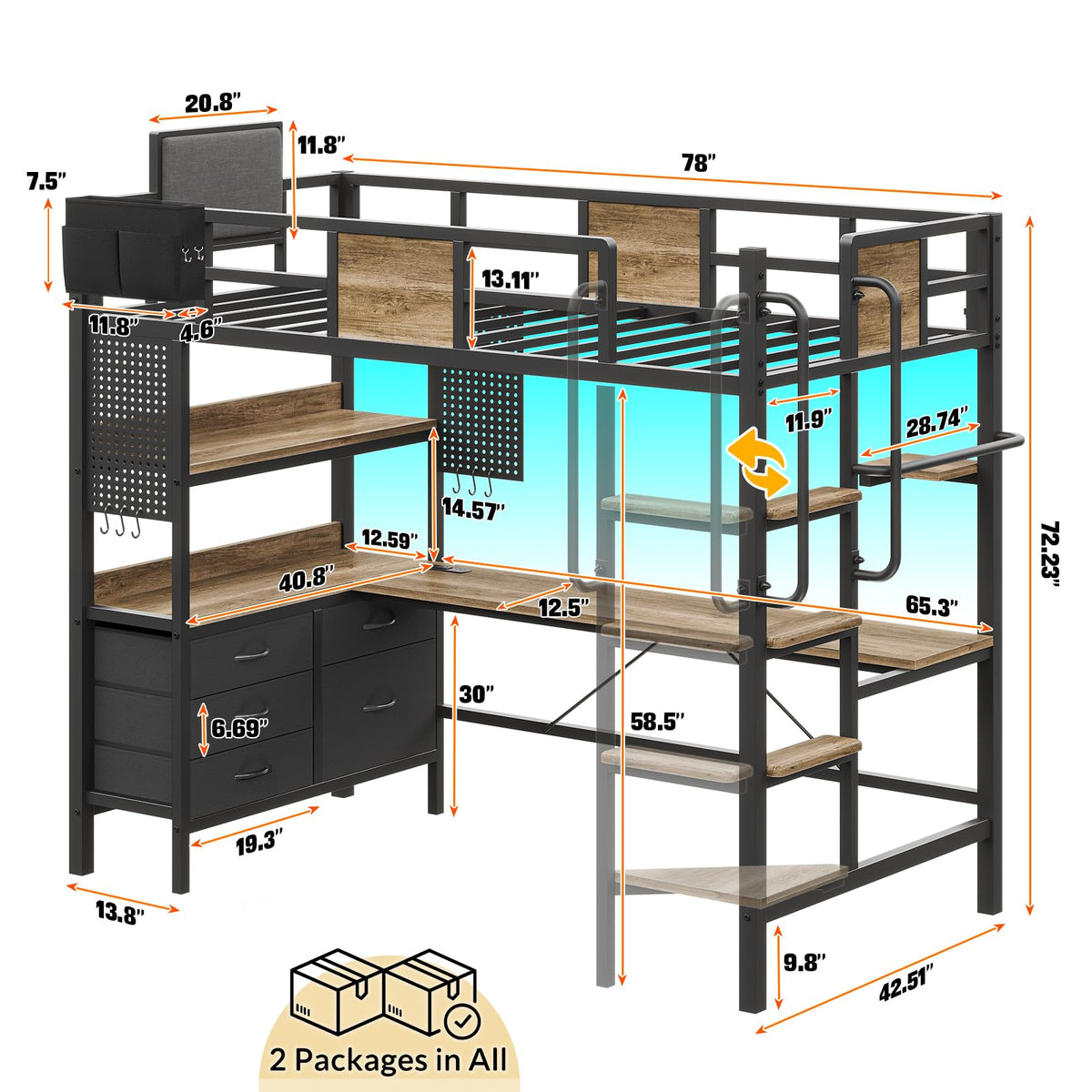 Twin Size Loft Bed with Desk and 5 Drawer H74418