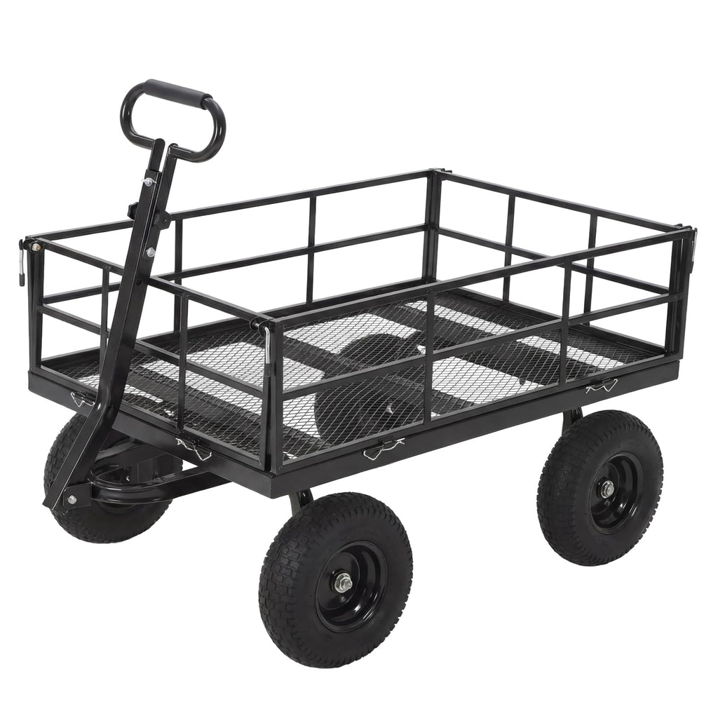 Heavy Duty Steel Garden Cart, 1200 LBS Load Capacity Wagon with 10 inch Tire and Rotating Handle, Black W35068