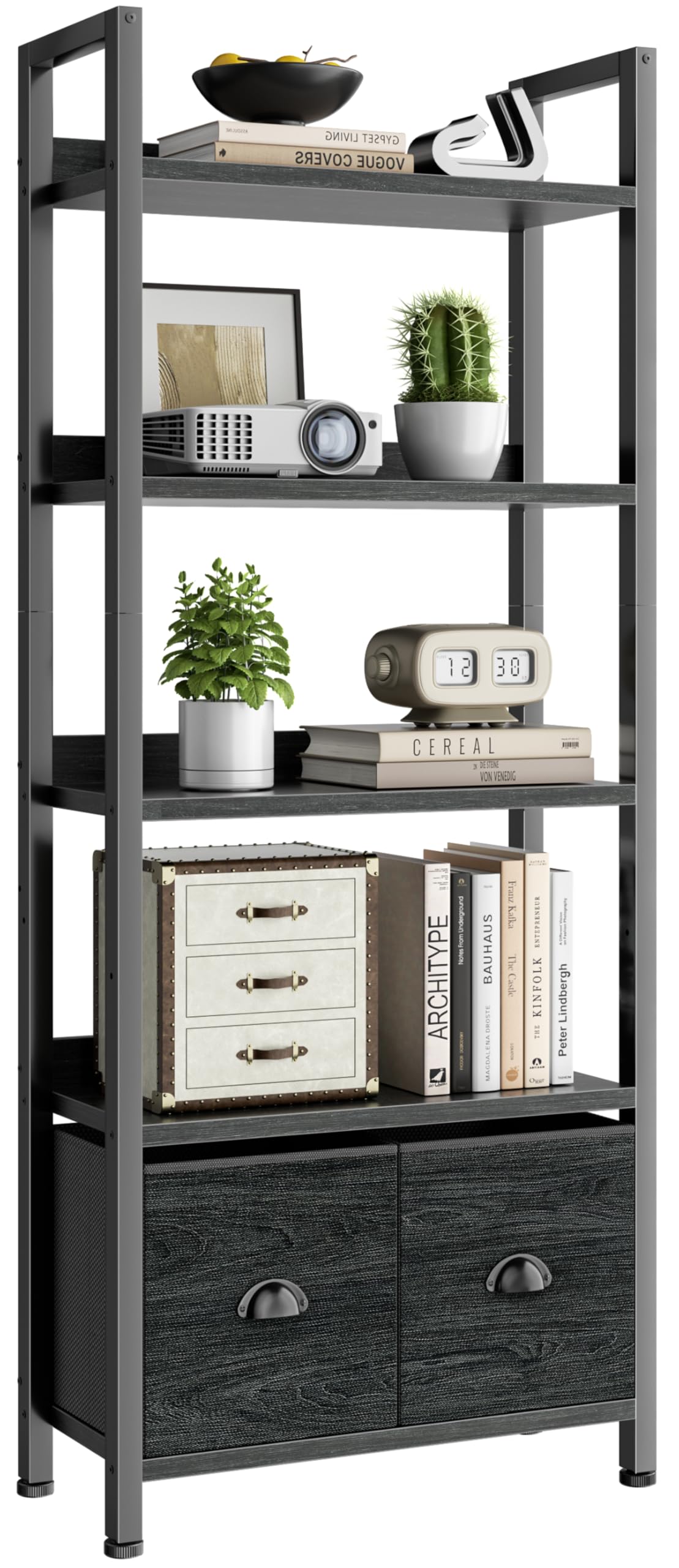 5-Tier Black Oak Bookshelf with 2 Storage Drawers T9305