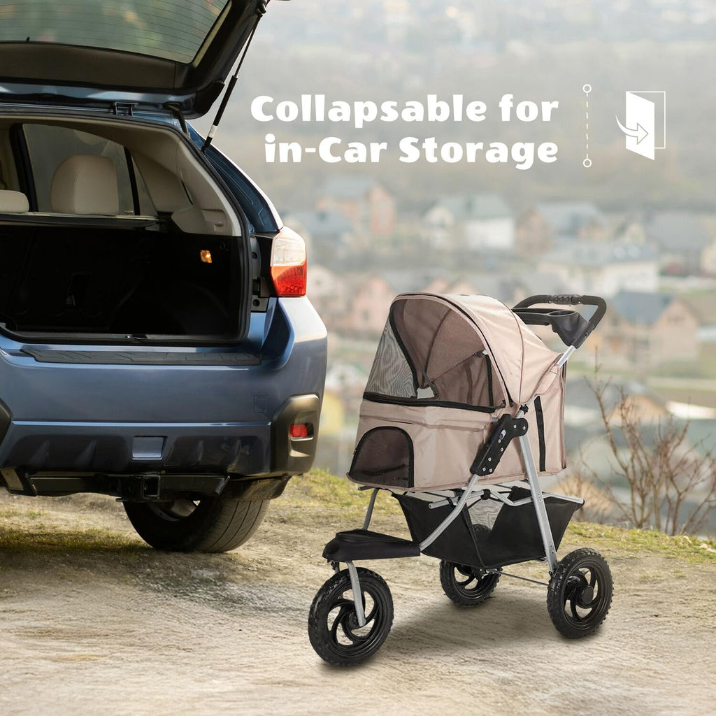 3-Wheel Dog Stroller with Storage Basket and Cup Holders, Tan D6409