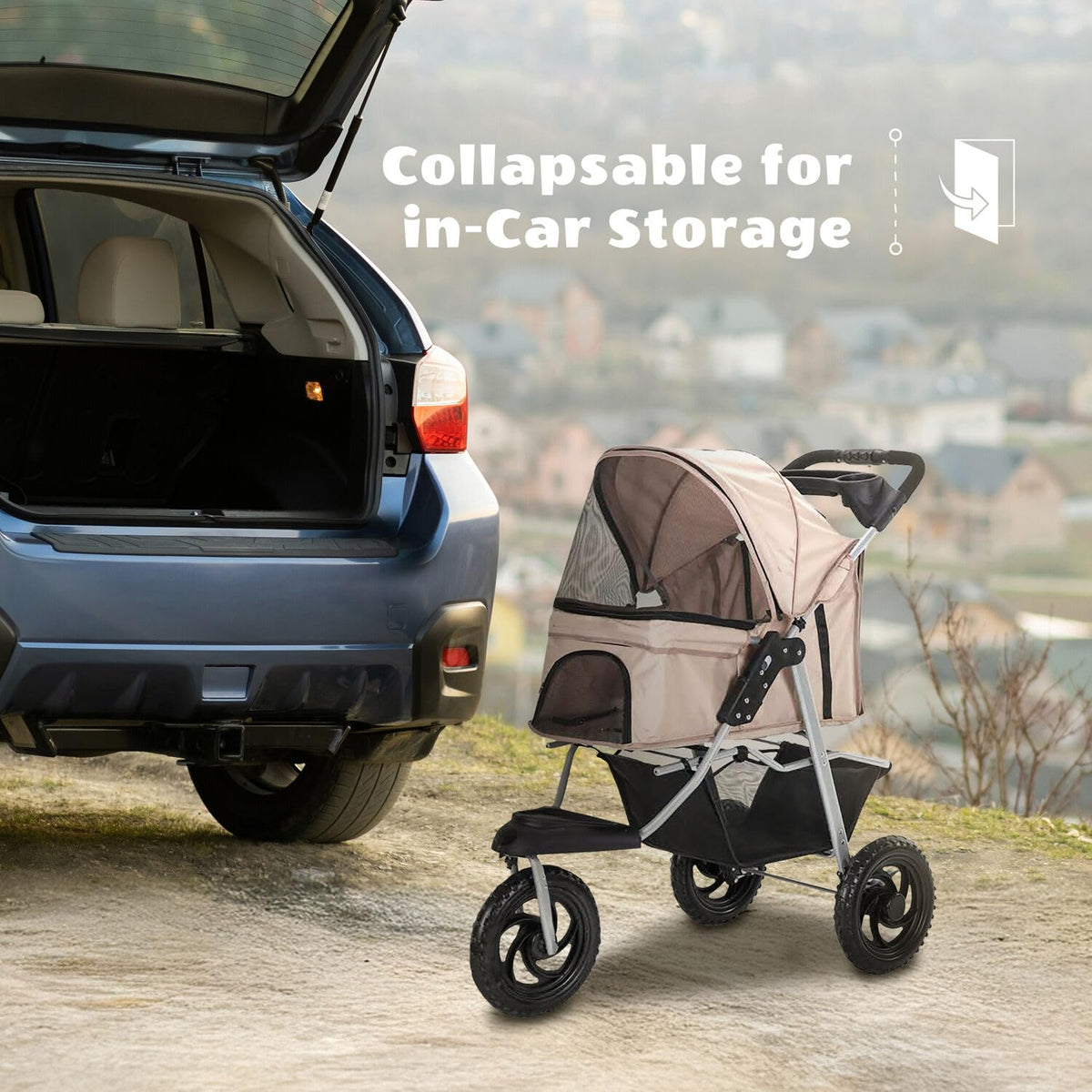 3-Wheel Dog Stroller with Storage Basket and Cup Holders, Tan D6409