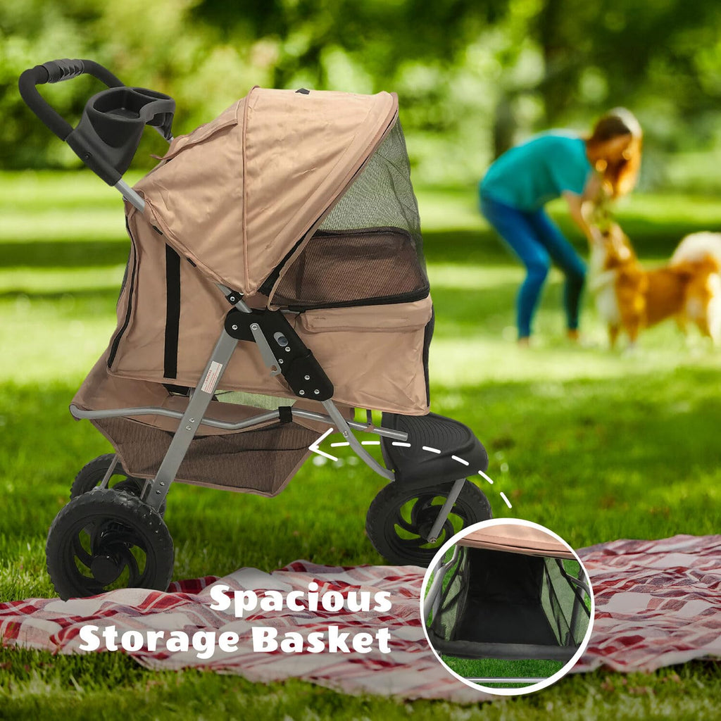 3-Wheel Dog Stroller with Storage Basket and Cup Holders, Tan D6409