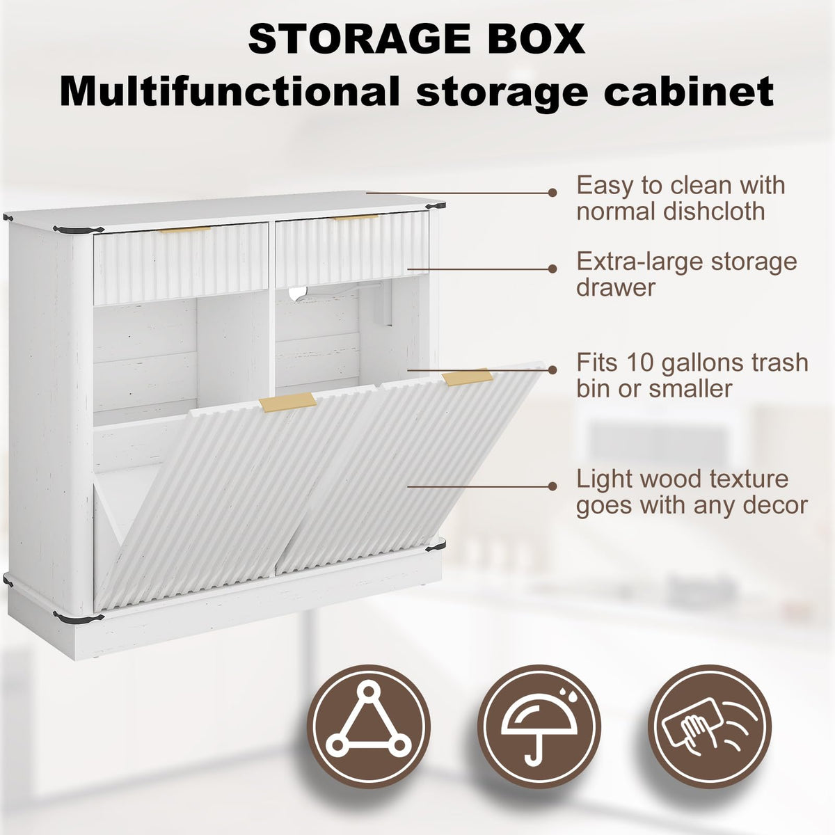White 20 Gallon Tilt Out Trash Cabinet with Charging Station and 2 Drawers T533