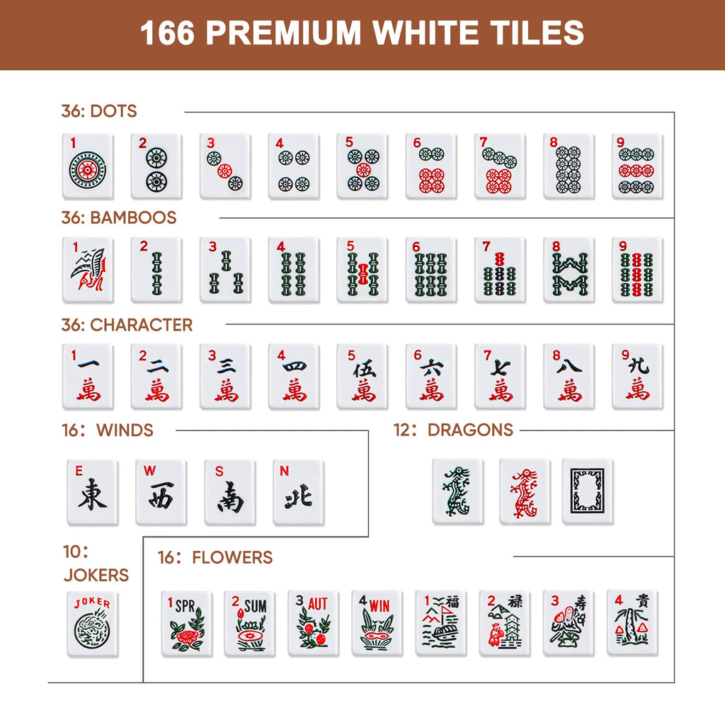 166 Tiles Mahjong Set with Racks Pushers Bag V617847