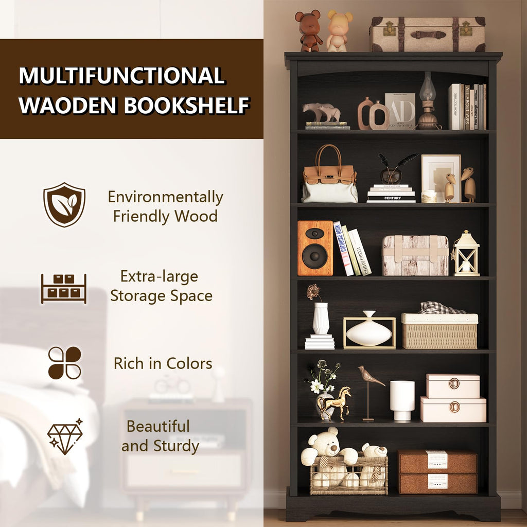 6-Tier 76 Inch Tall Black Wooden Bookshelf V881253