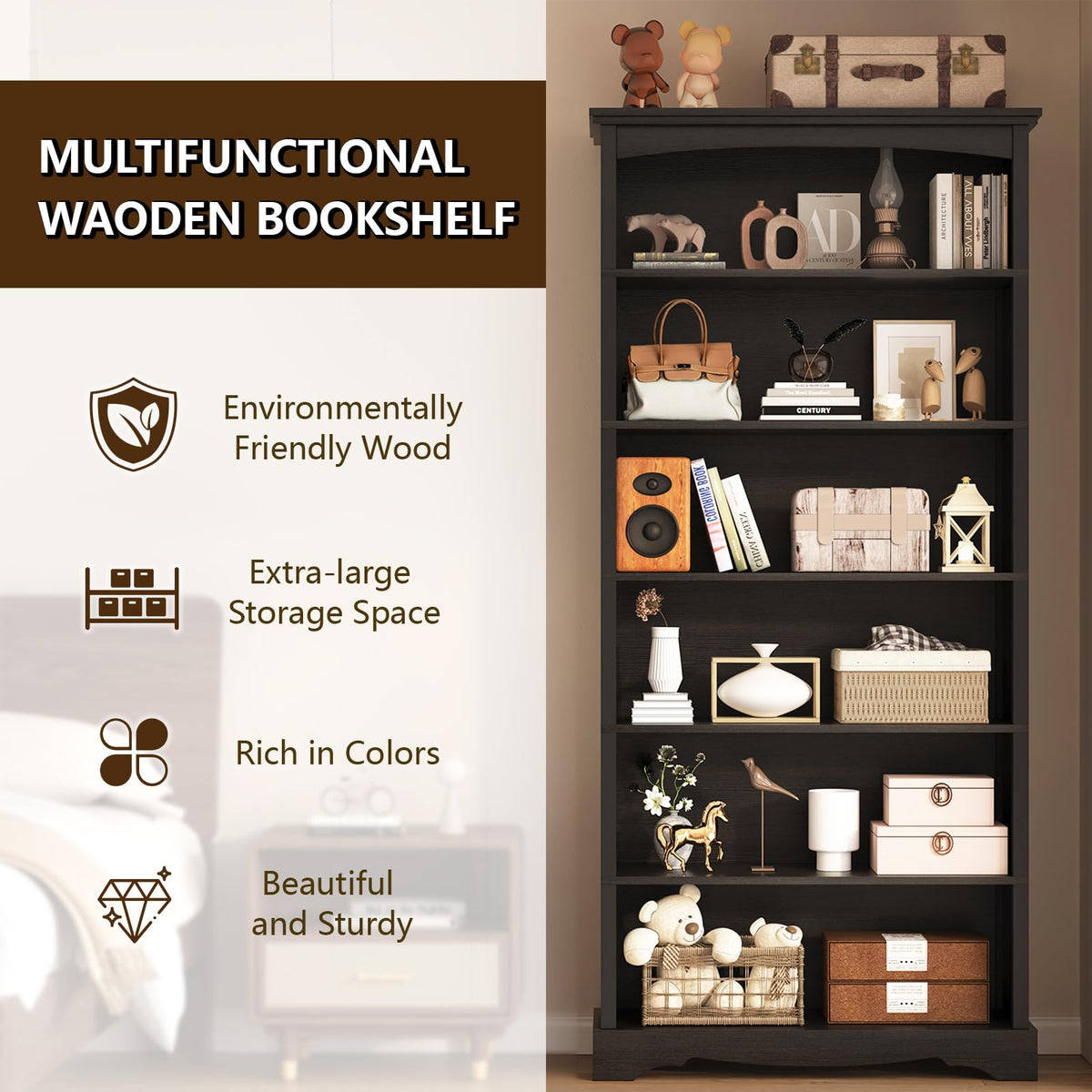 6-Tier 76 Inch Tall Black Wooden Bookshelf V881253