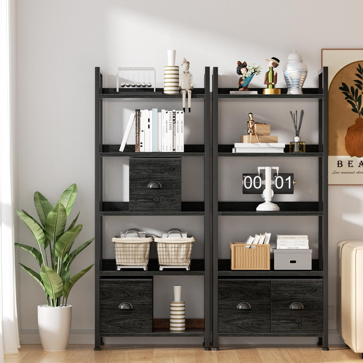 5-Tier Black Oak Bookshelf with 2 Storage Drawers T9305