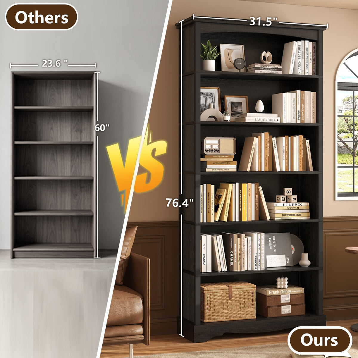 6-Tier 76 Inch Tall Black Wooden Bookshelf V881253