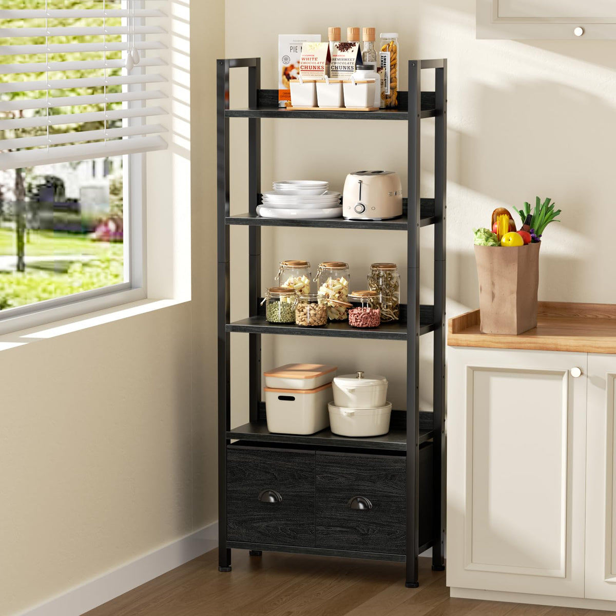 5-Tier Black Oak Bookshelf with 2 Storage Drawers T9305