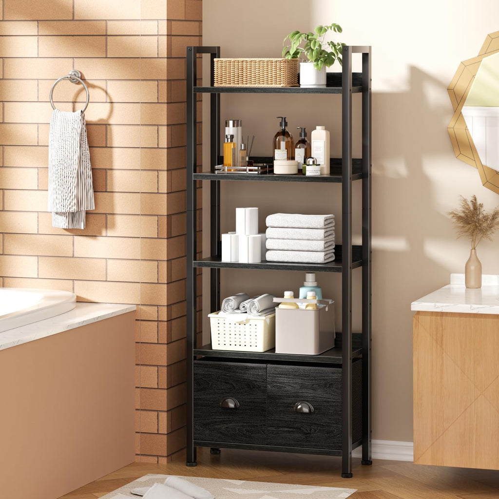 5-Tier Black Oak Bookshelf with 2 Storage Drawers T9305