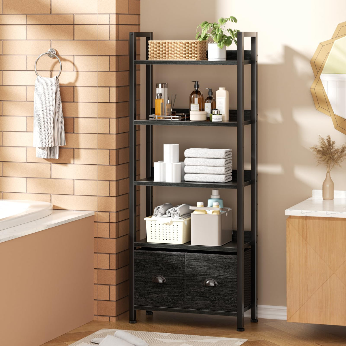 5-Tier Black Oak Bookshelf with 2 Storage Drawers T9305