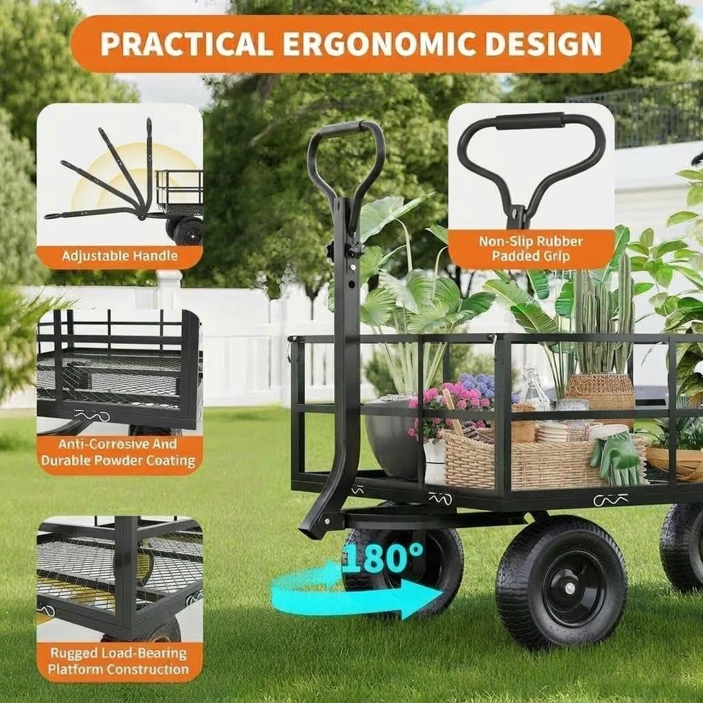 Heavy Duty Steel Garden Cart, 1200 LBS Load Capacity Wagon with 10 inch Tire and Rotating Handle, Black W35068