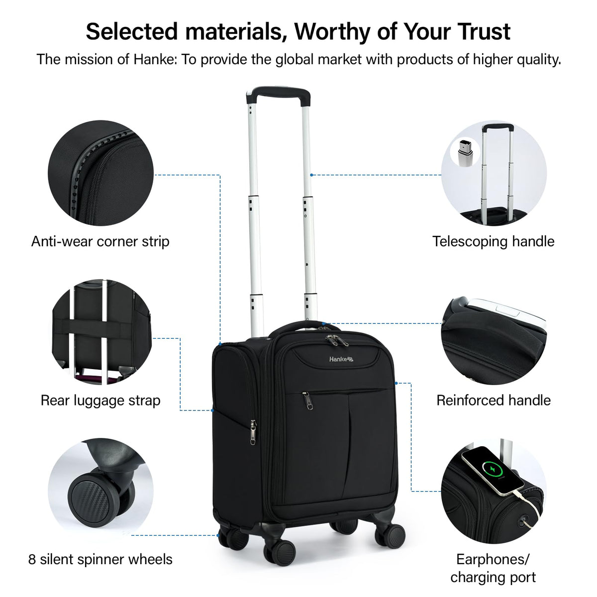 Black 16 Inch Underseat Carry On Luggage with Spinner Wheels N98879