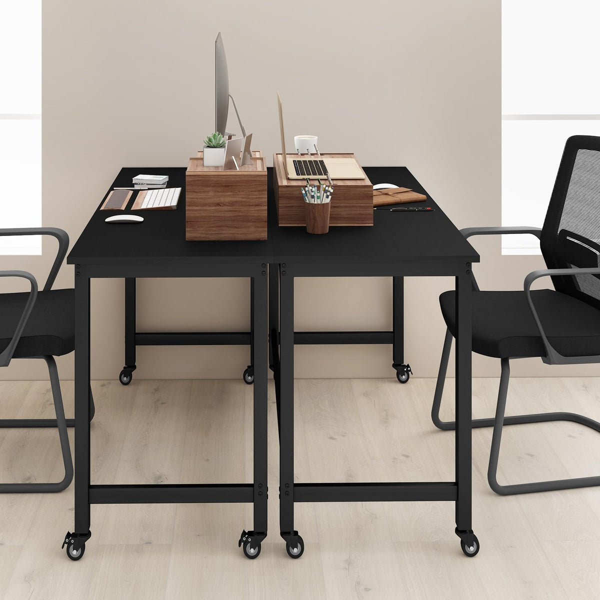 48” Mobile Computer Desk with 4 Lockable Wheels, Black Metal Frame F7912