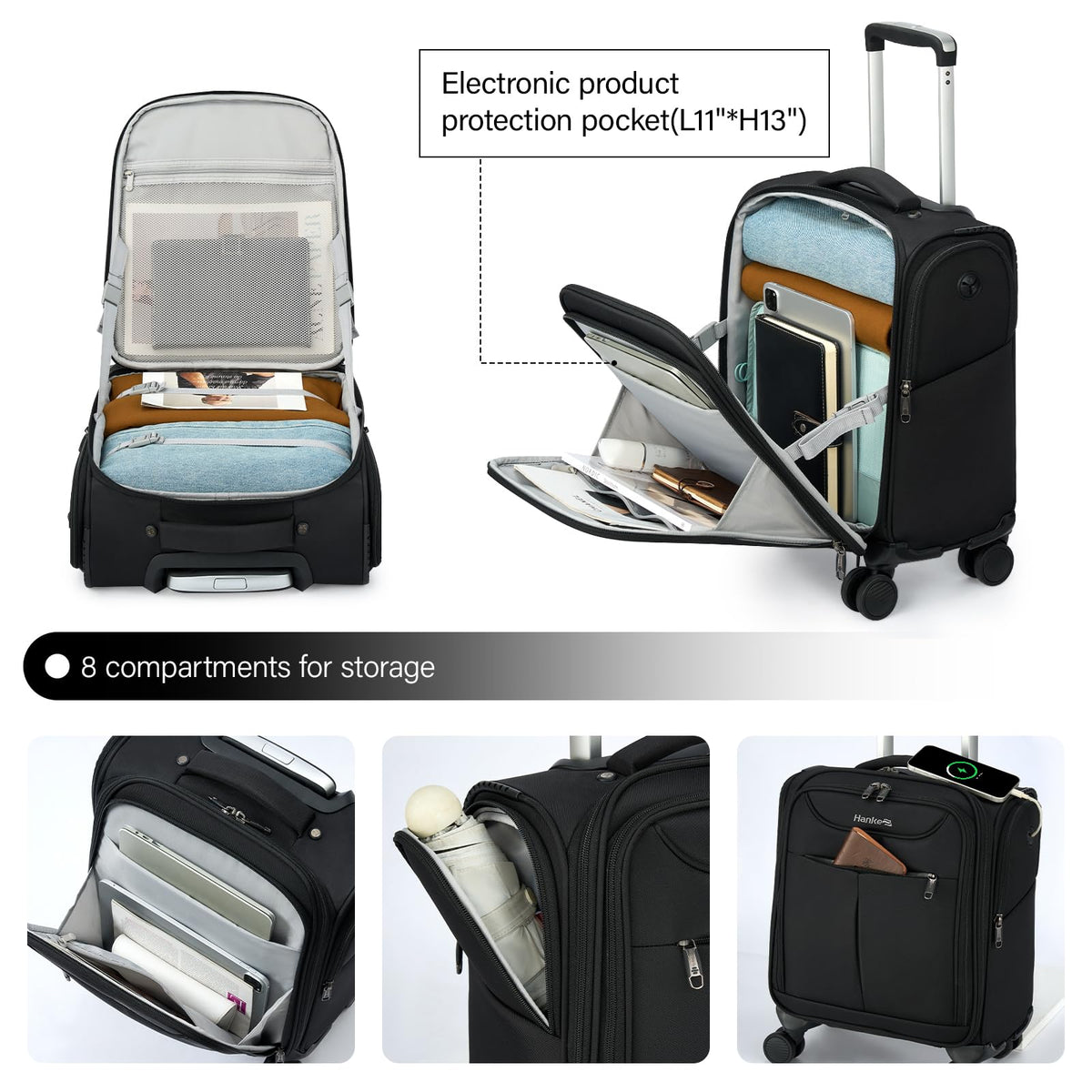 Black 16 Inch Underseat Carry On Luggage with Spinner Wheels N98879