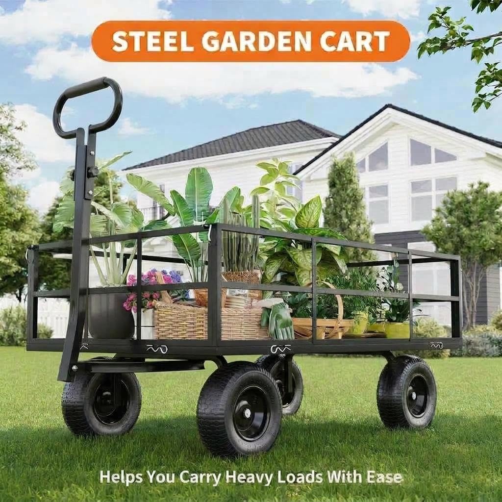 Heavy Duty Steel Garden Cart, 1200 LBS Load Capacity Wagon with 10 inch Tire and Rotating Handle, Black W35068