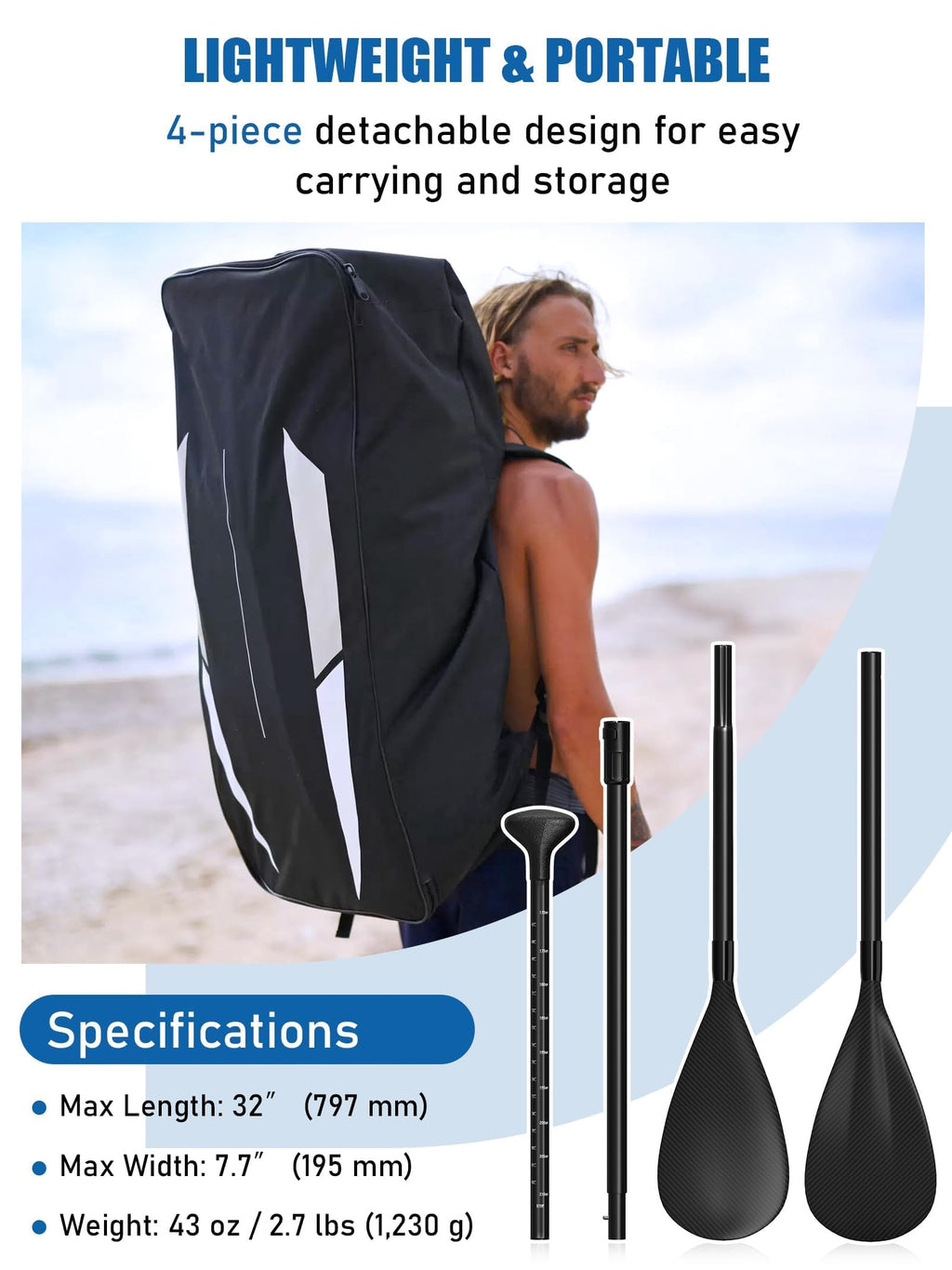4 Piece Carbon Aluminium Adjustable SUP Paddle 67"-83" N430671