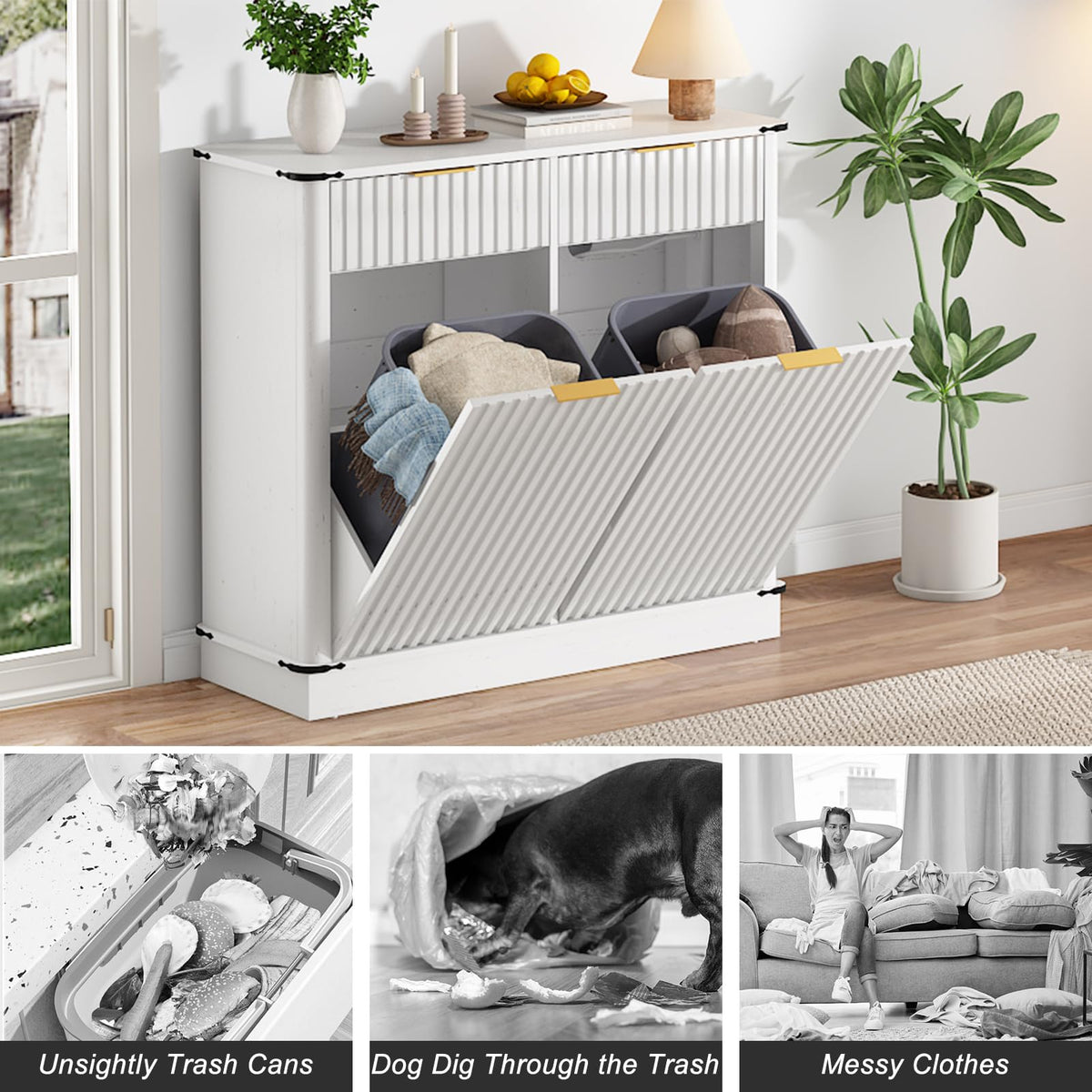 White 20 Gallon Tilt Out Trash Cabinet with Charging Station and 2 Drawers T533