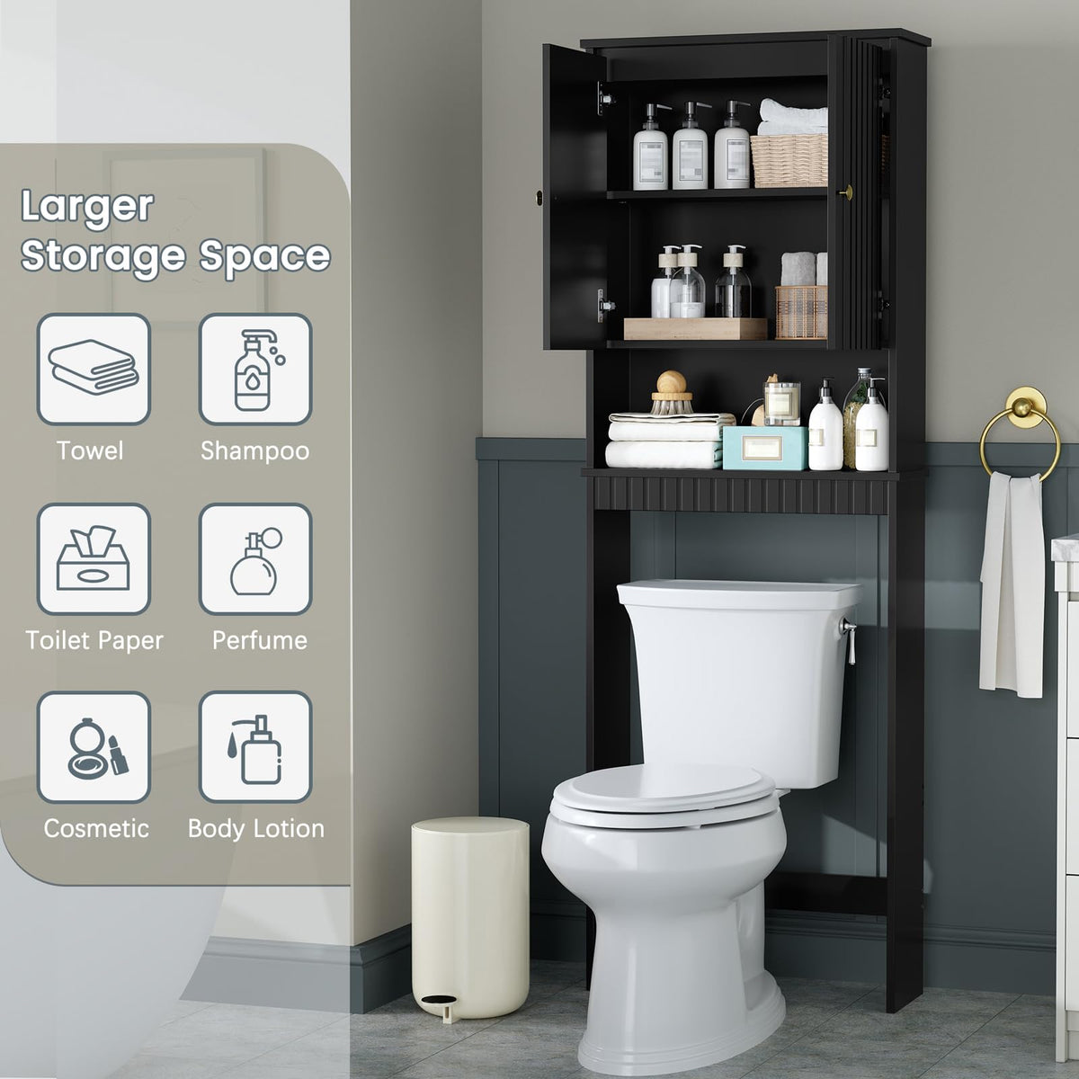 Black Over The Toilet Storage Cabinet with Adjustable Shelf Z3971
