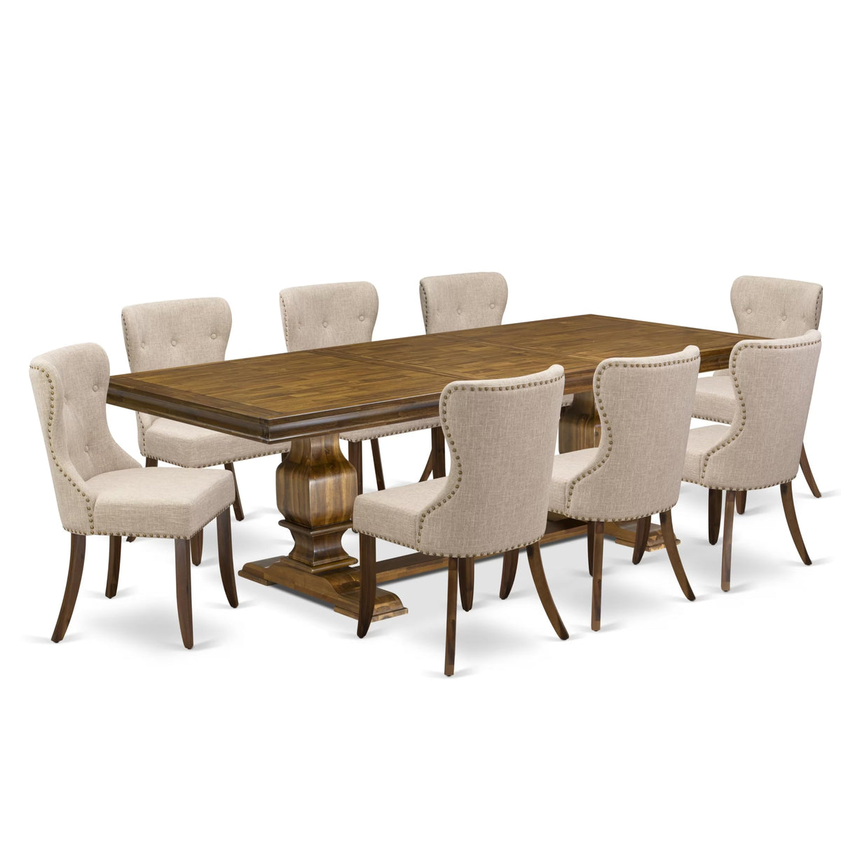 9 Pc Mid Century Dining Table Set with 8 Light Tan Linen Chairs O170