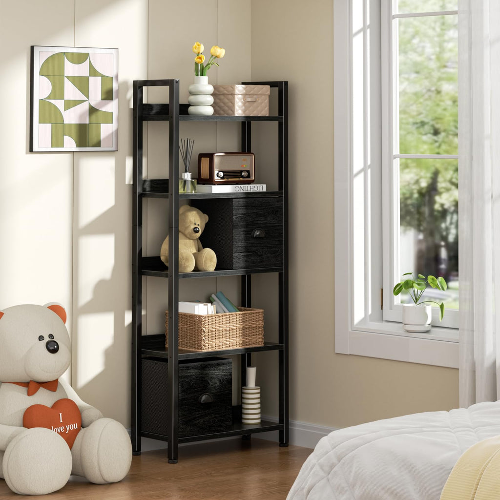 5-Tier Black Oak Bookshelf with 2 Storage Drawers T9305