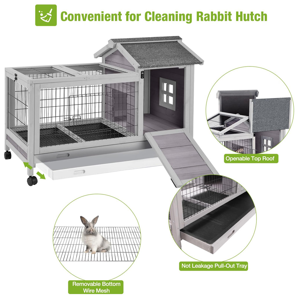 Wooden Rabbit Hutch with Removable Wire Netting and Leak Proof Tray W796