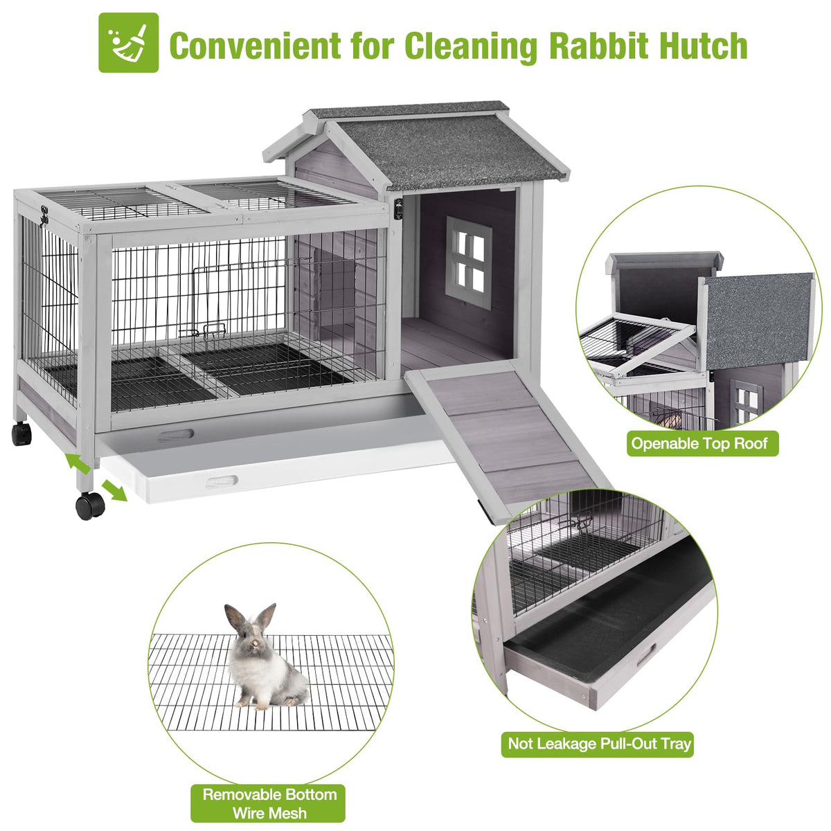 Wooden Rabbit Hutch with Removable Wire Netting and Leak Proof Tray W796
