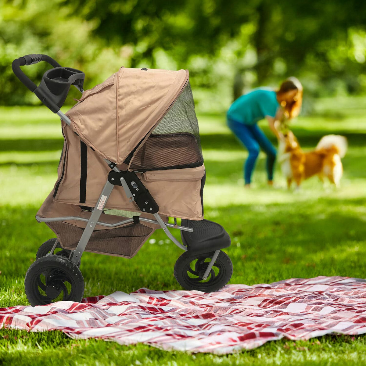 3-Wheel Dog Stroller with Storage Basket and Cup Holders, Tan D6409