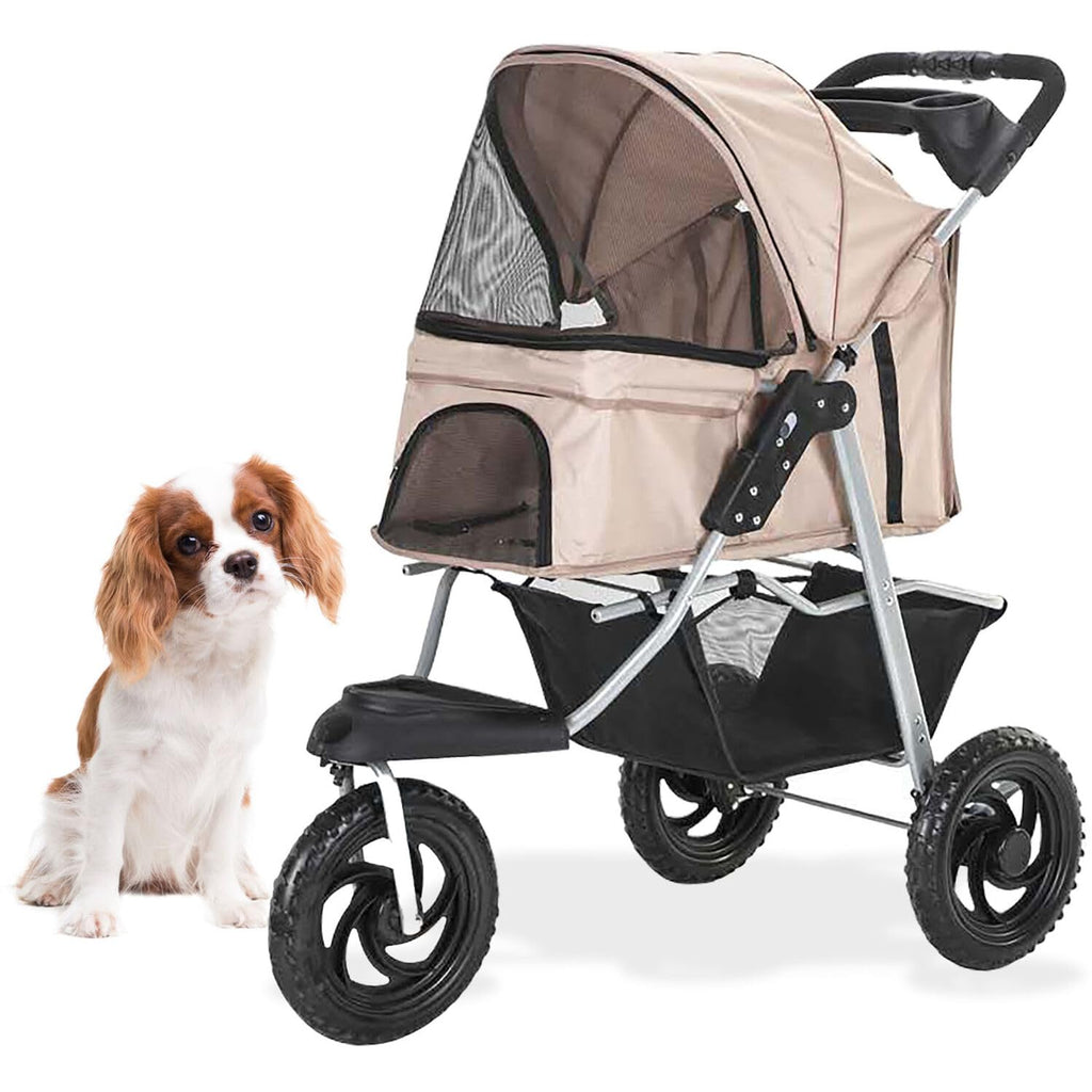 3-Wheel Dog Stroller with Storage Basket and Cup Holders, Tan D6409