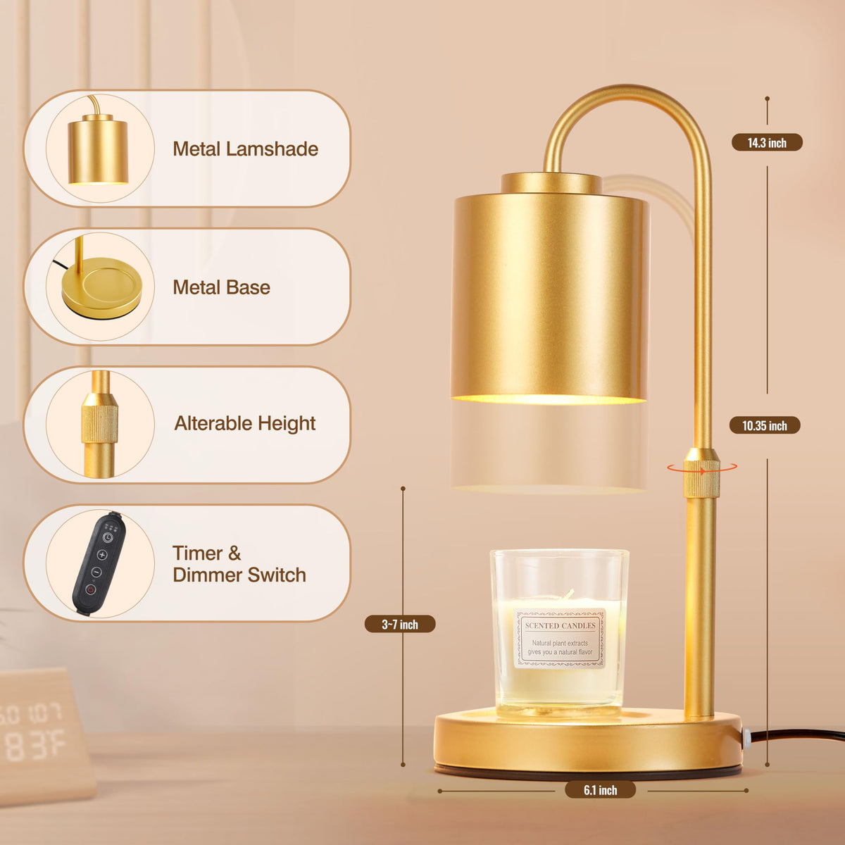 Height Adjustable Electric Candle Warmer Lamp with Timer & Dimmer F35428