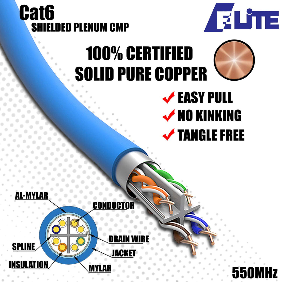 Cat6 Shielded Plenum 1000ft Solid Pure Copper Ethernet Cable Blue X444