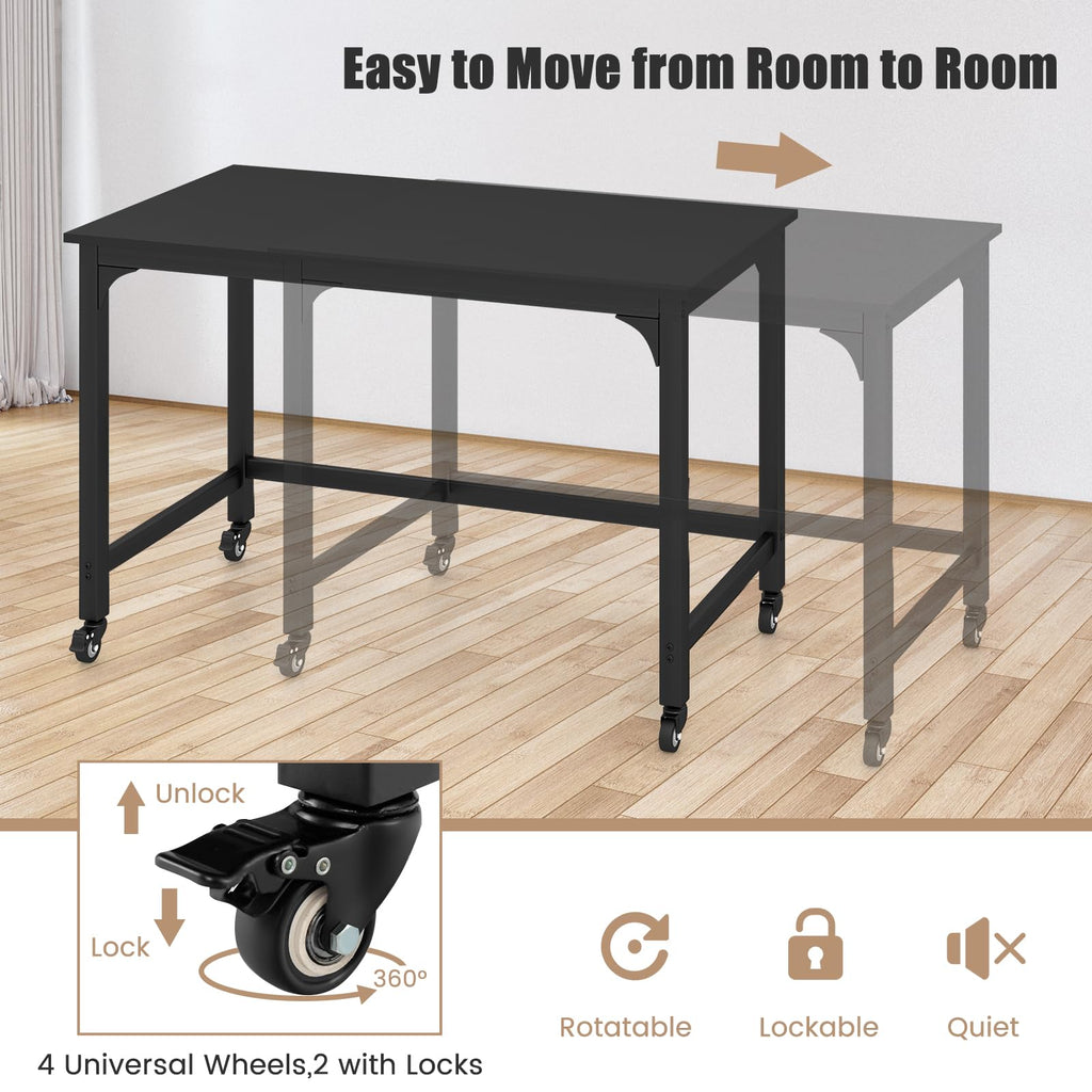 48” Mobile Computer Desk with 4 Lockable Wheels, Black Metal Frame F7912