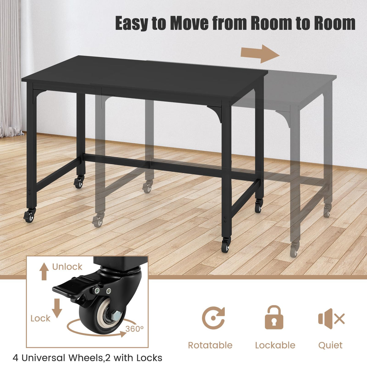 48” Mobile Computer Desk with 4 Lockable Wheels, Black Metal Frame F7912